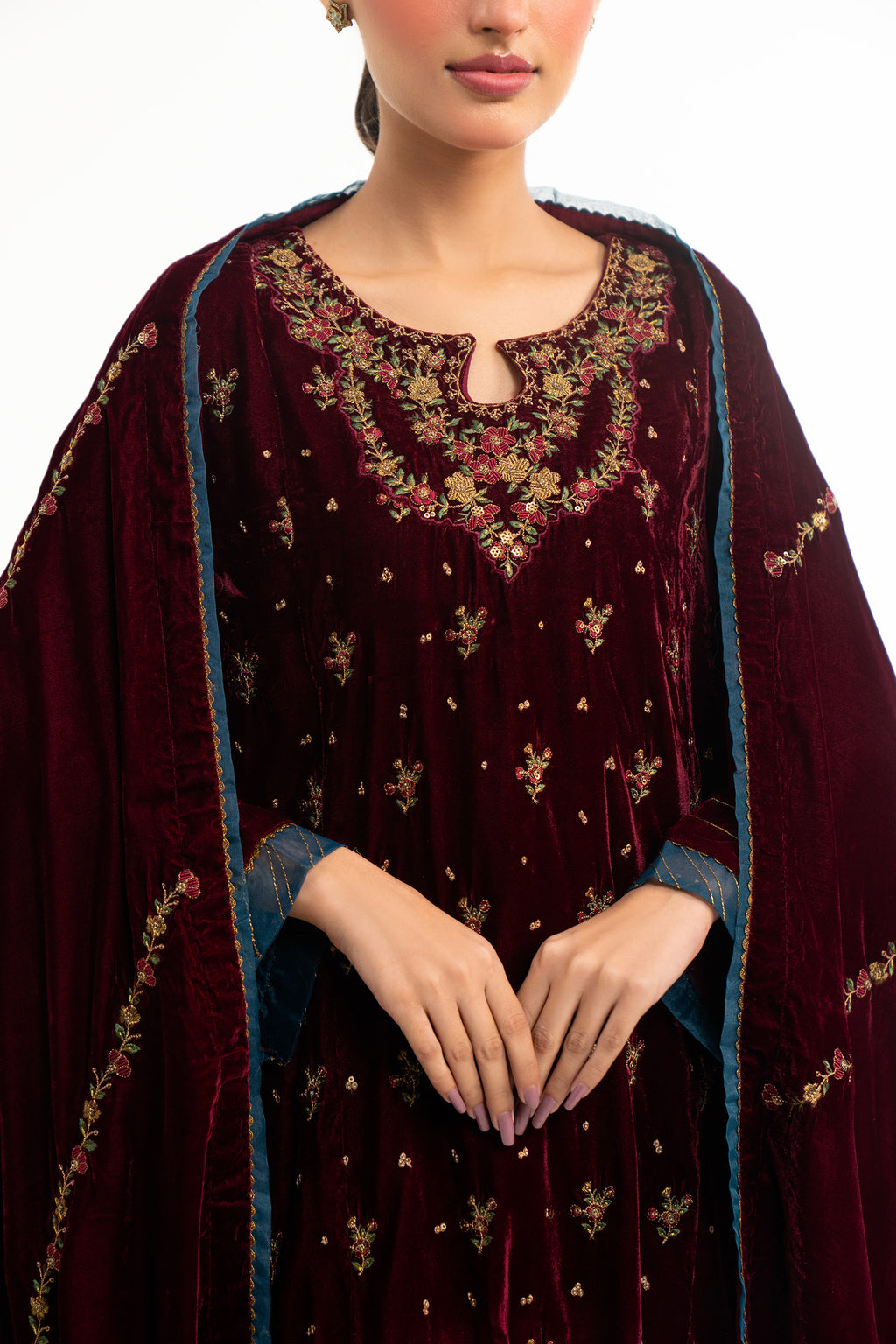 STITCHED EMBROIDERED VELVET SHIRT DUPATTA