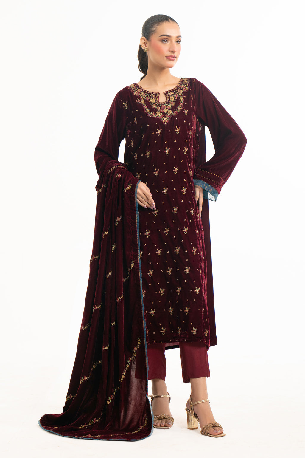 STITCHED EMBROIDERED VELVET SHIRT DUPATTA