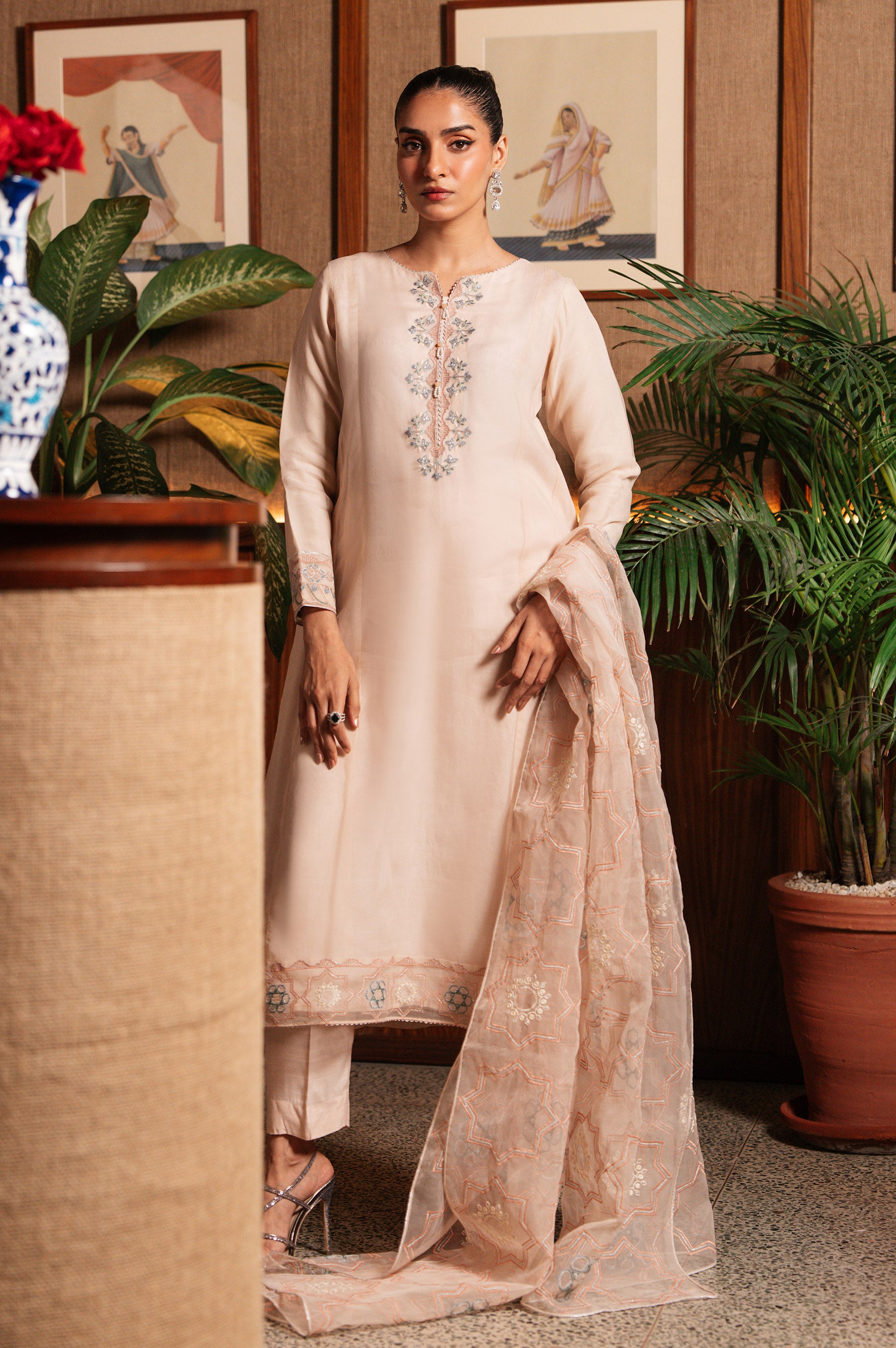 Stitched 3 Piece Embroidered Organza Suit