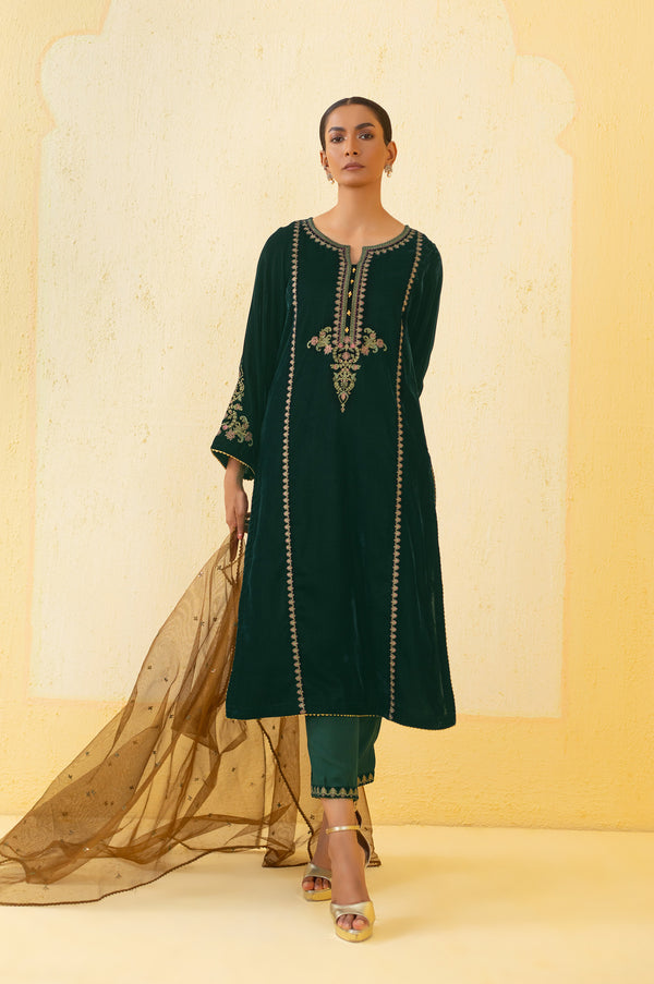 Stitched 3 Piece Embroidered Velvet Suit - Green