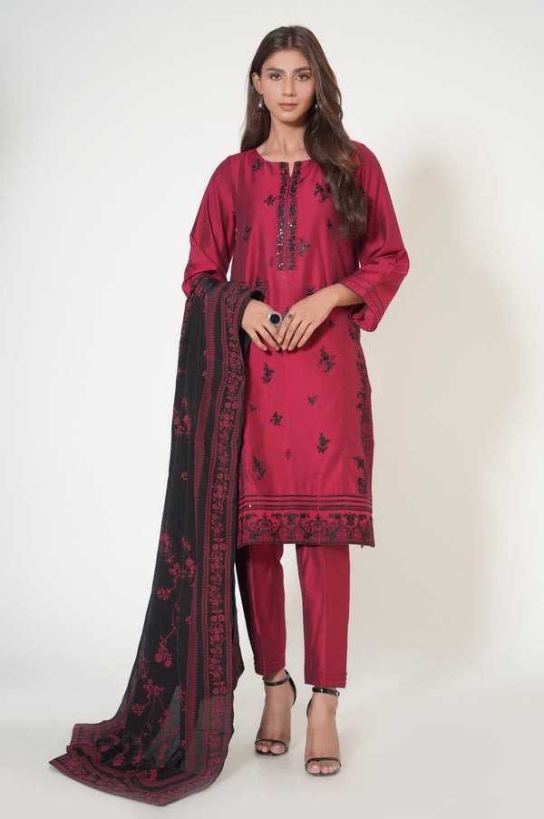 Stitched 3 Piece Embroidered Cotton Silk Outfit