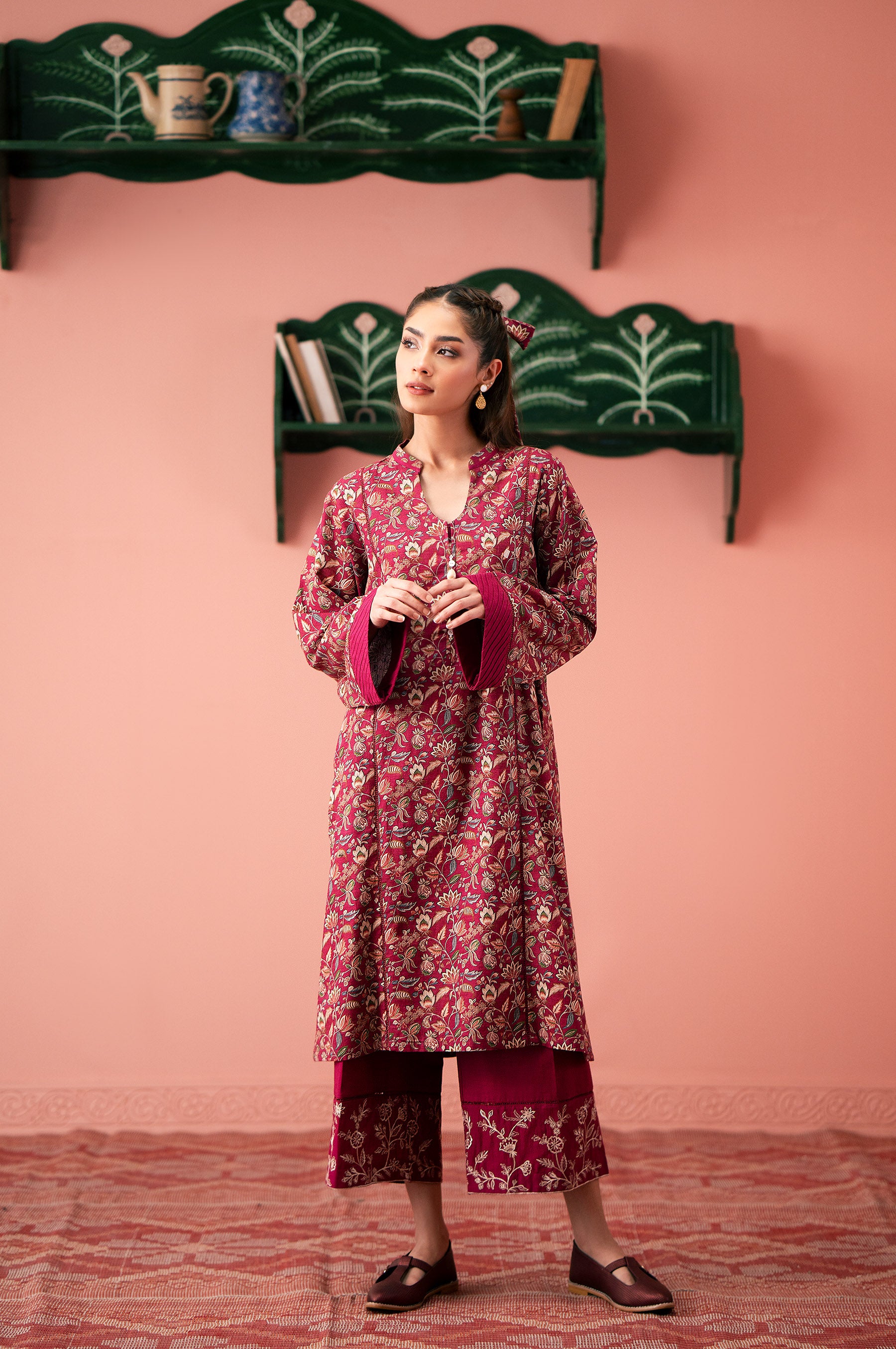 Stitched 2 Piece Printed Embroidered Khaddar Suit