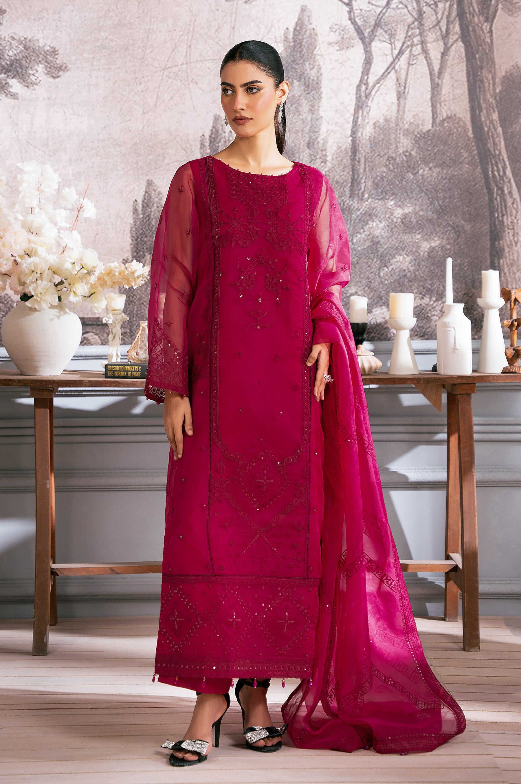 3 Piece Embroidered Semi Formal Organza Suit