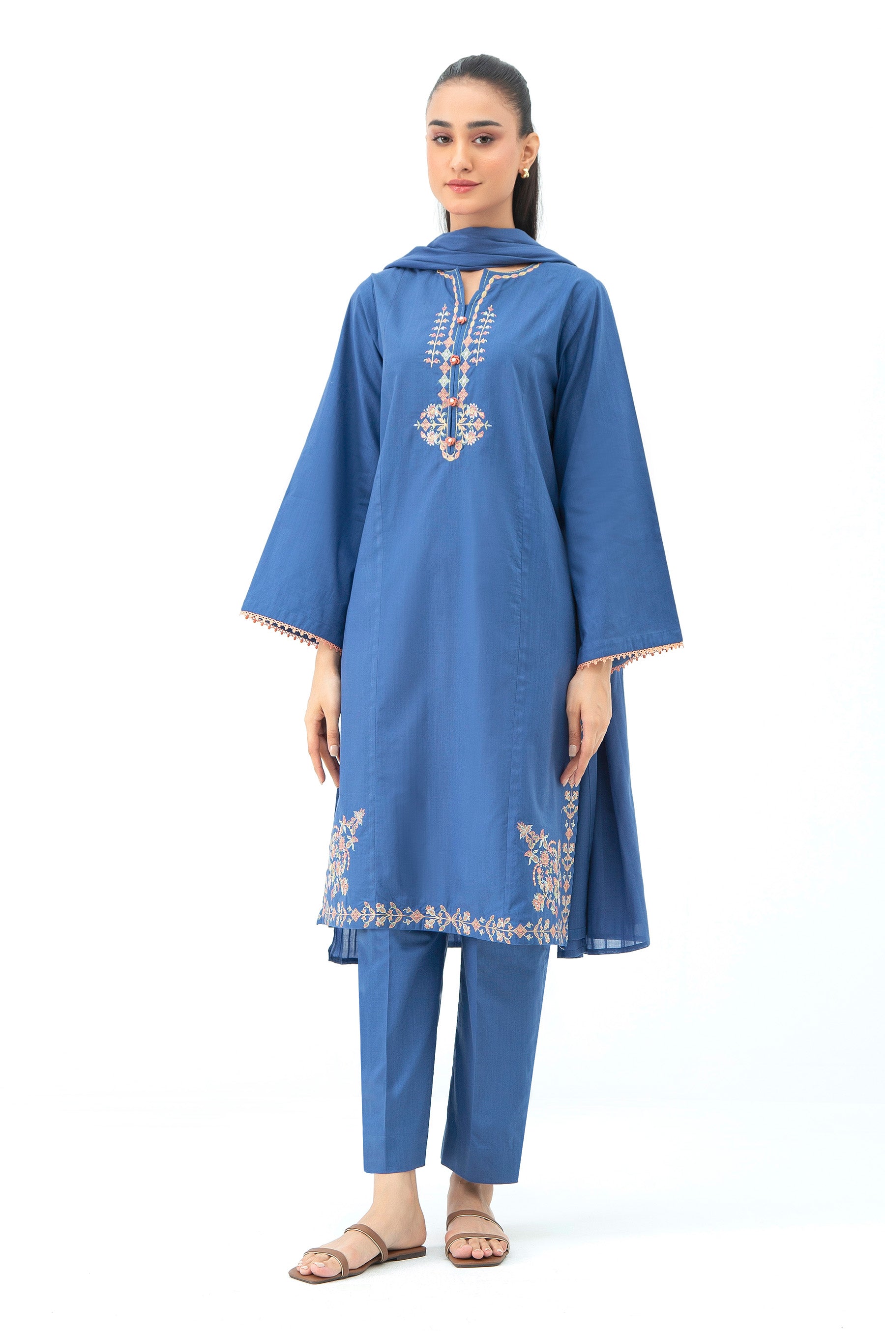 STITCHED EMBROIDERED COTTON SLUB SUIT
