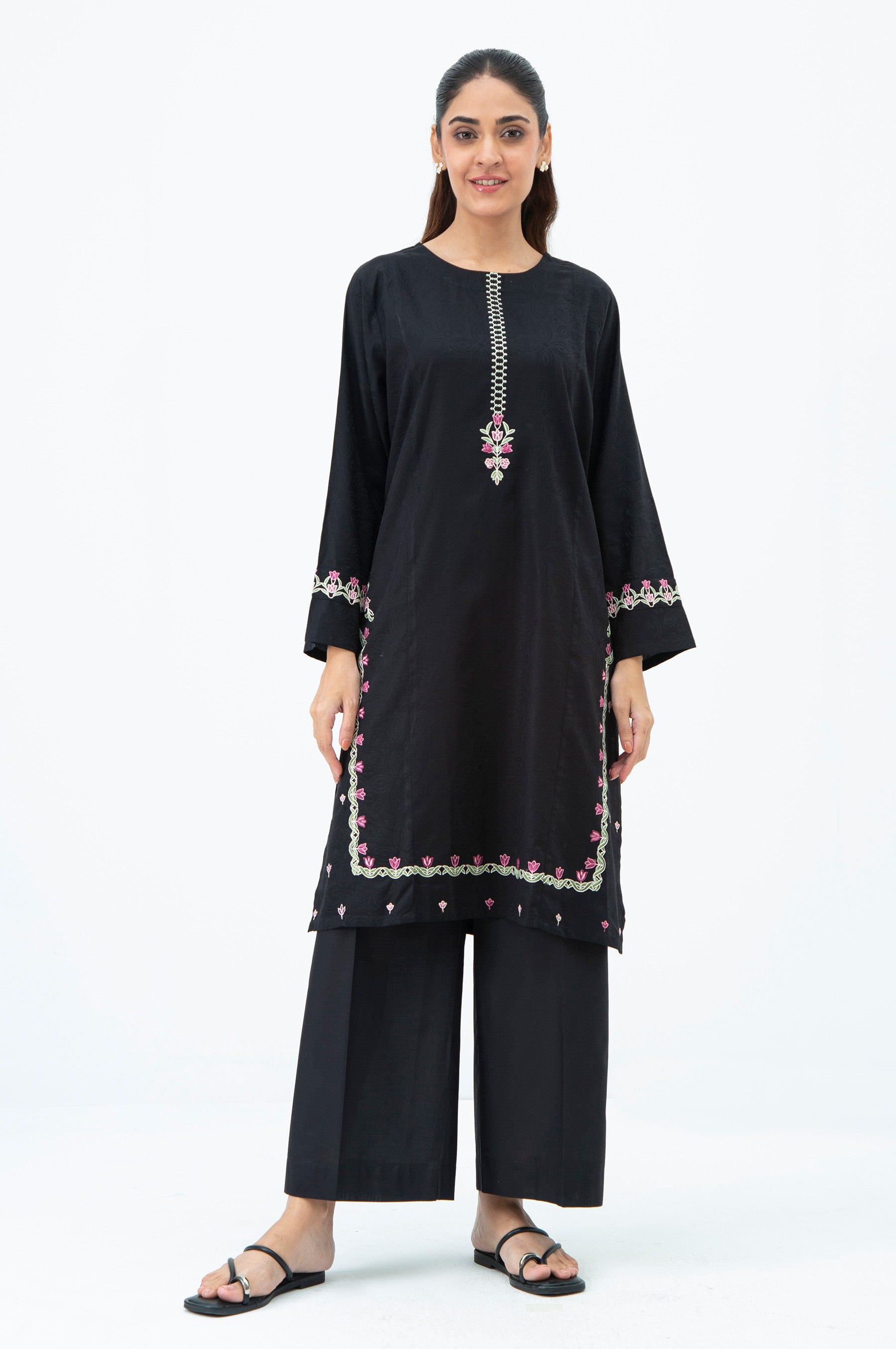 STITCHED EMBROIDERED SATIN JACQUARD SHIRT BOTTOM