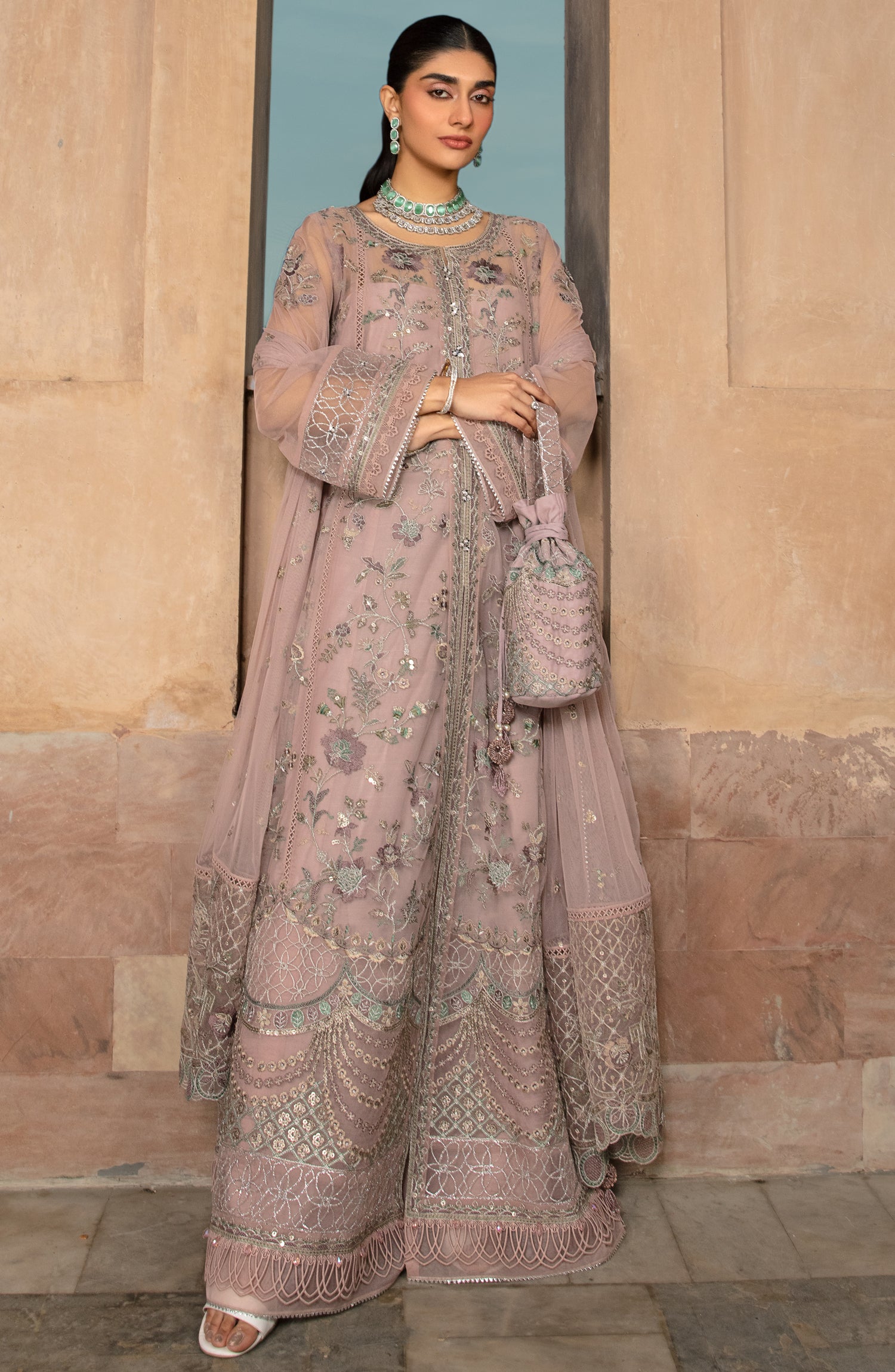 2 Piece Embroidered Net Suit