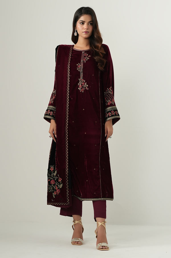 Unstitched 3 Piece Embroidered Velvet Suit - Maroon