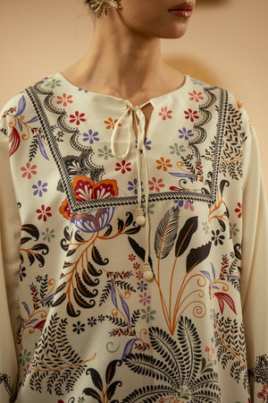 Classic off-white stitched 1-piece poly cambric shirt featuring sophisticated ethnic motif prints
