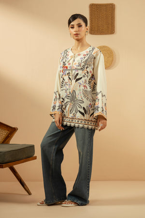 Classic off-white stitched 1-piece poly cambric shirt featuring sophisticated ethnic motif prints