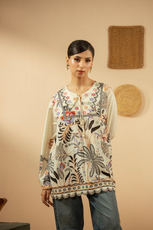 Classic off-white stitched 1-piece poly cambric shirt featuring sophisticated ethnic motif prints