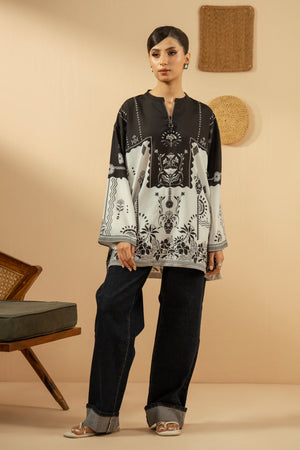 Crisp stitched white poly cambric 1-piece top or tunic with elegant contrast print patterns