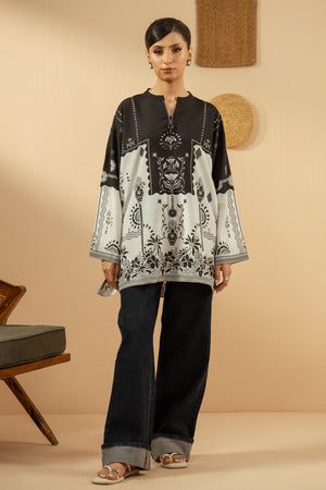 Crisp stitched white poly cambric 1-piece top or tunic with elegant contrast print patterns
