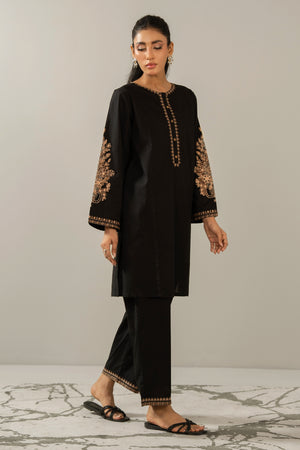 Elegant stitched 2-piece black cambric suit with intricate embroidery detail on the shirt paired with matching bottom trousers