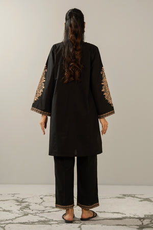 Elegant stitched 2-piece black cambric suit with intricate embroidery detail on the shirt paired with matching bottom trousers