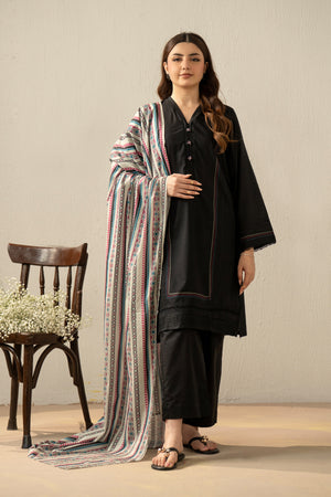 High-fashion stitched 3-piece black cambric suit with unique stylized cuts, matching dupatta, and trousers