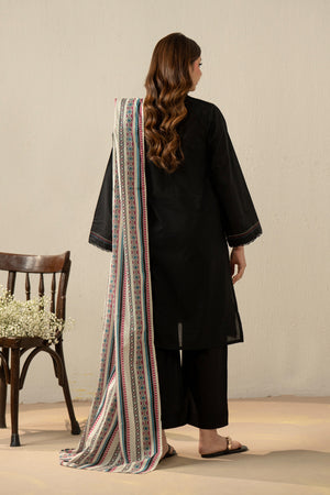 High-fashion stitched 3-piece black cambric suit with unique stylized cuts, matching dupatta, and trousers