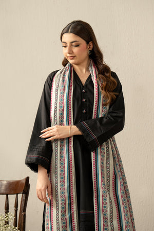 High-fashion stitched 3-piece black cambric suit with unique stylized cuts, matching dupatta, and trousers