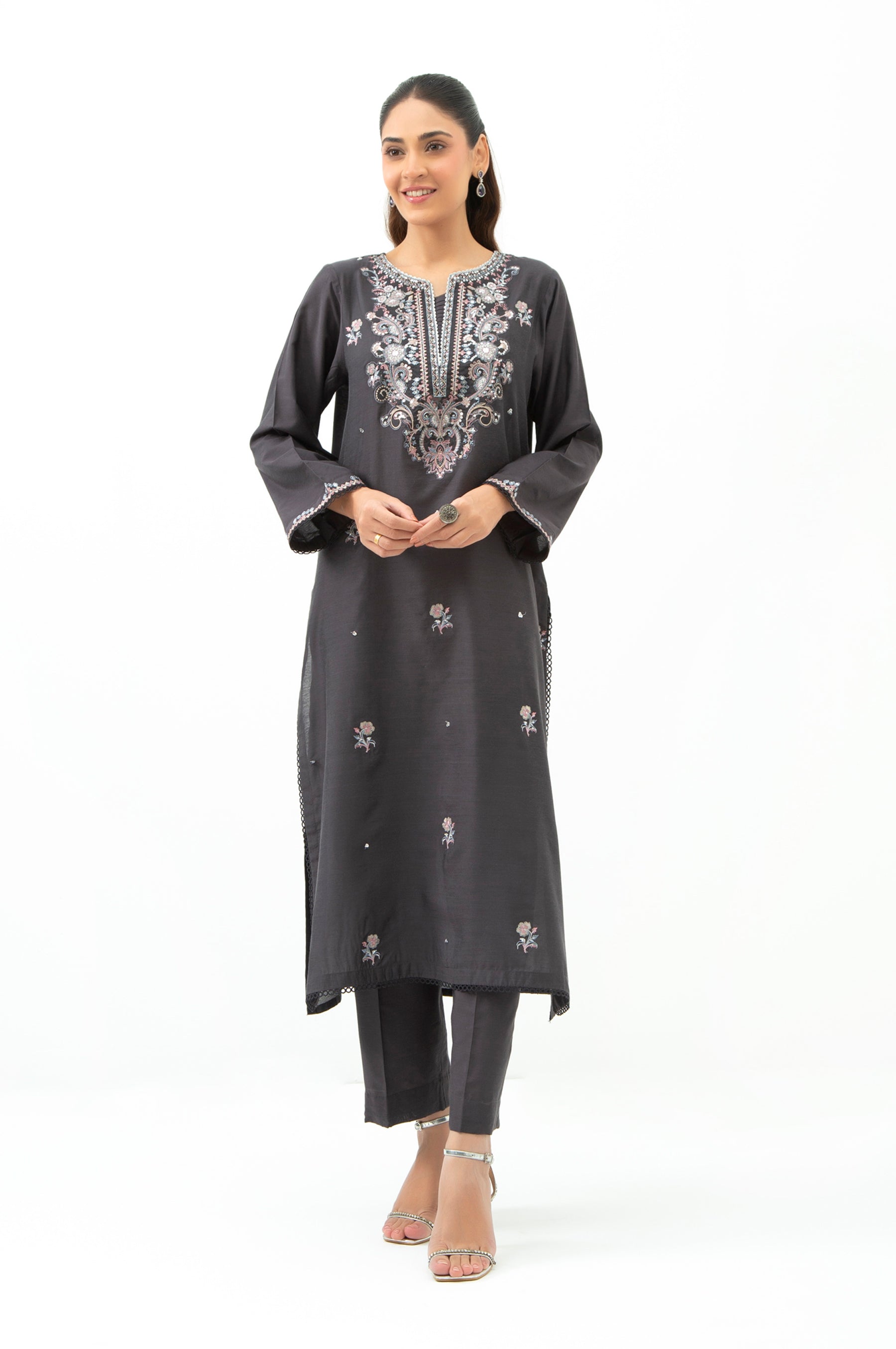 STITCHED EMBROIDERED COTTON SILK SHIRT BOTTOM