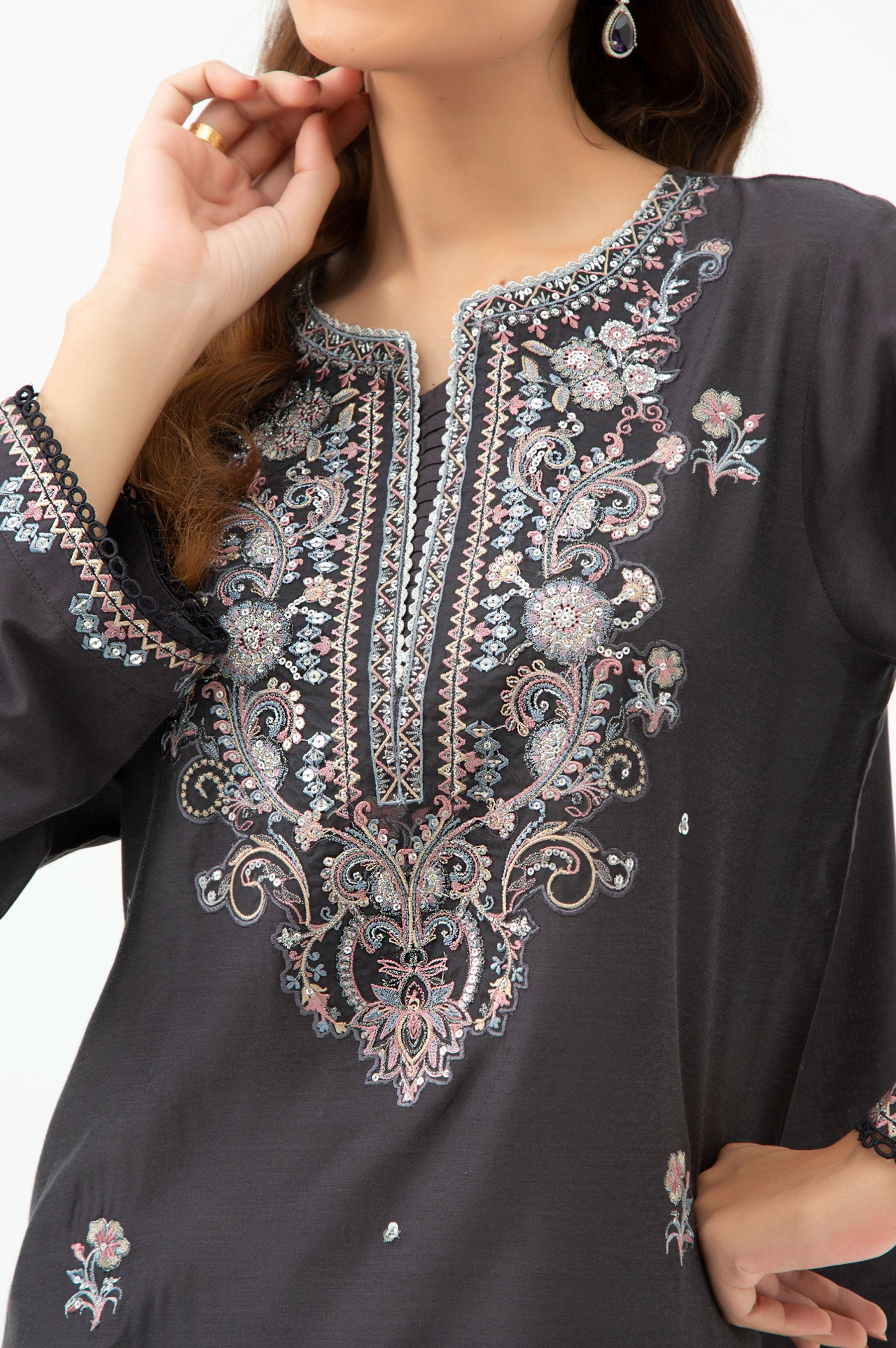 STITCHED EMBROIDERED COTTON SILK SHIRT BOTTOM