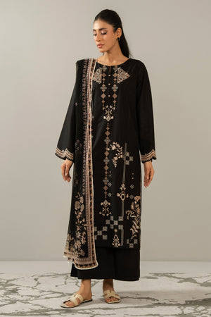 Premium stitched 3-piece black cambric suit displaying a mix of fine prints and embroidery, complete with a dupatta and matching trouser