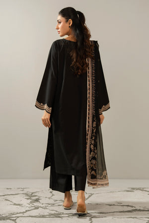 Premium stitched 3-piece black cambric suit displaying a mix of fine prints and embroidery, complete with a dupatta and matching trouser