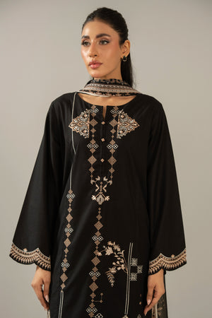 Premium stitched 3-piece black cambric suit displaying a mix of fine prints and embroidery, complete with a dupatta and matching trouser