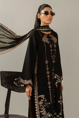 Premium stitched 3-piece black cambric suit displaying a mix of fine prints and embroidery, complete with a dupatta and matching trouser