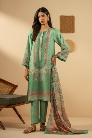 Refreshing sea green 3-piece stitched poly cambric suit with striking print designs, paired with a matching dupatta and trousers