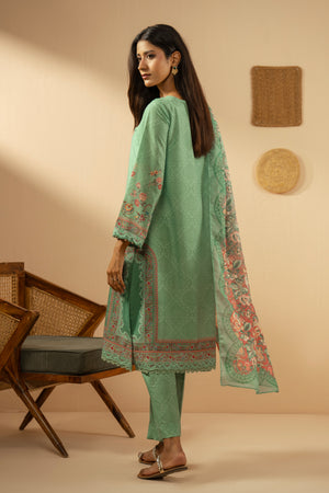 Refreshing sea green 3-piece stitched poly cambric suit with striking print designs, paired with a matching dupatta and trousers
