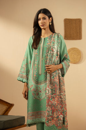 Refreshing sea green 3-piece stitched poly cambric suit with striking print designs, paired with a matching dupatta and trousers