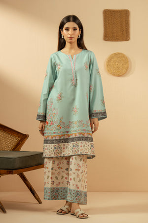 Serene light blue stitched 2-piece poly cambric suit featuring soft, minimalist prints on the shirt and bottoms