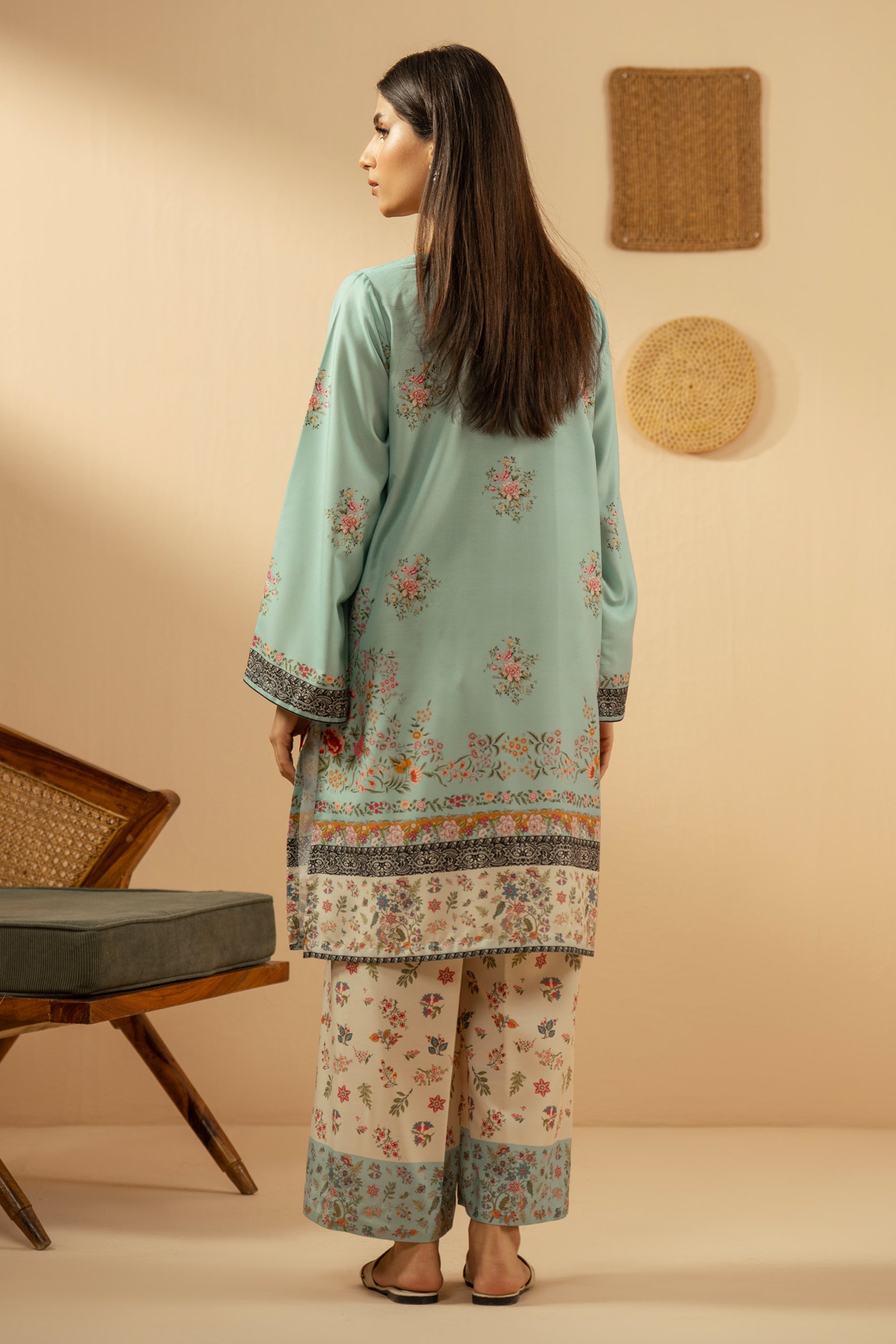 Serene light blue stitched 2-piece poly cambric suit featuring soft, minimalist prints on the shirt and bottoms
