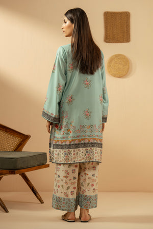 Serene light blue stitched 2-piece poly cambric suit featuring soft, minimalist prints on the shirt and bottoms