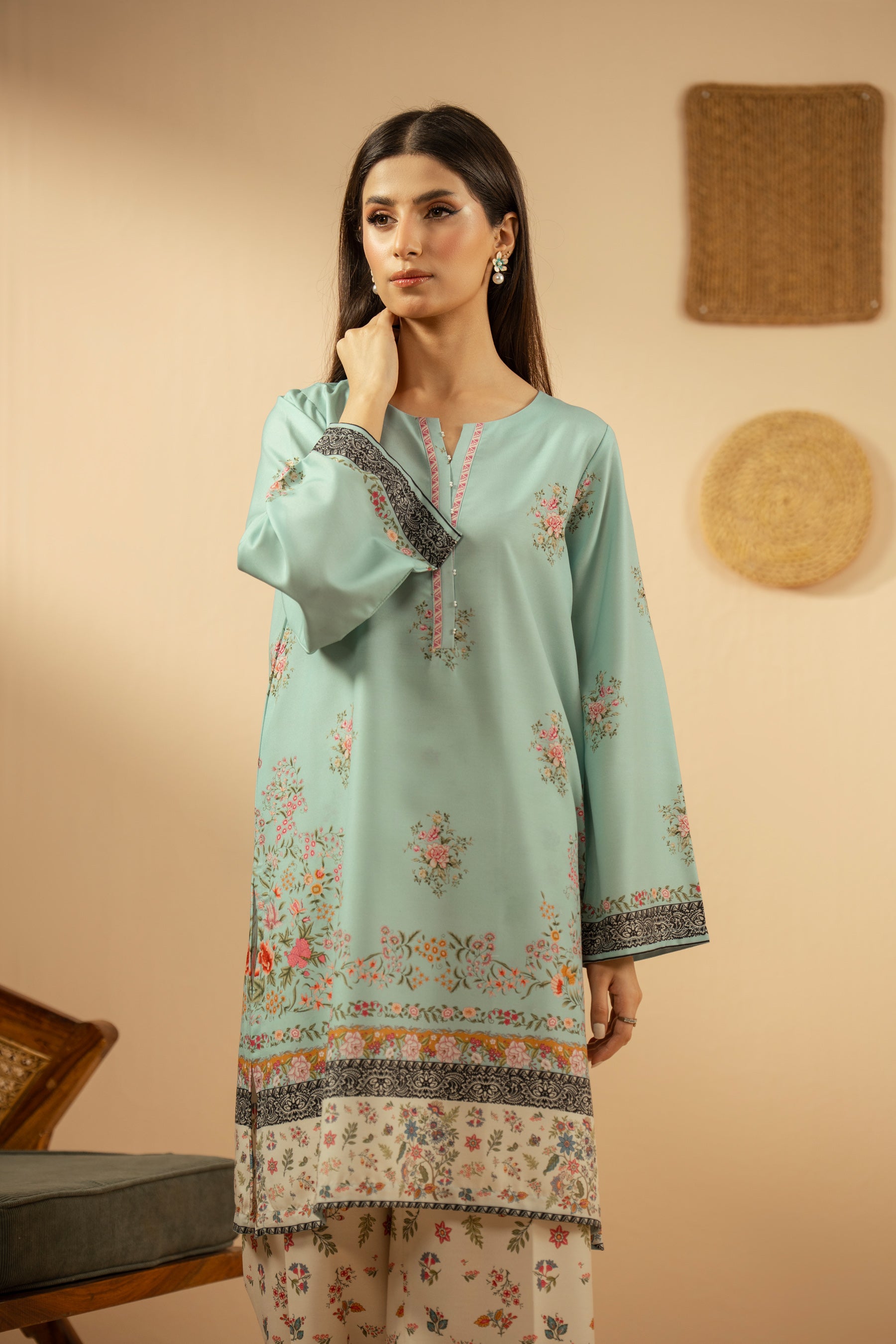 Serene light blue stitched 2-piece poly cambric suit featuring soft, minimalist prints on the shirt and bottoms