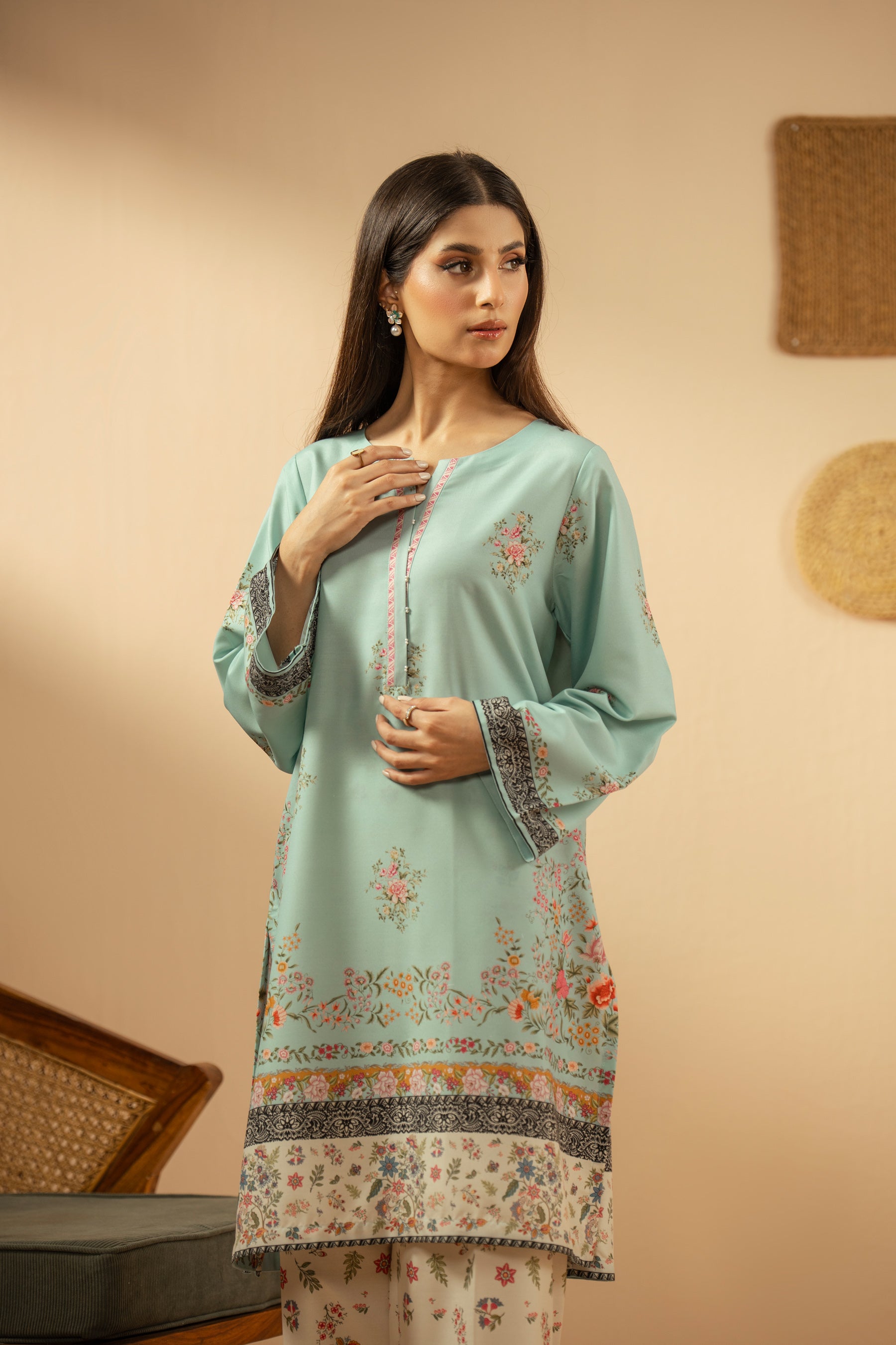 Serene light blue stitched 2-piece poly cambric suit featuring soft, minimalist prints on the shirt and bottoms