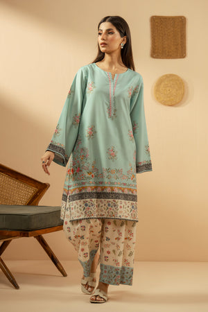 Serene light blue stitched 2-piece poly cambric suit featuring soft, minimalist prints on the shirt and bottoms
