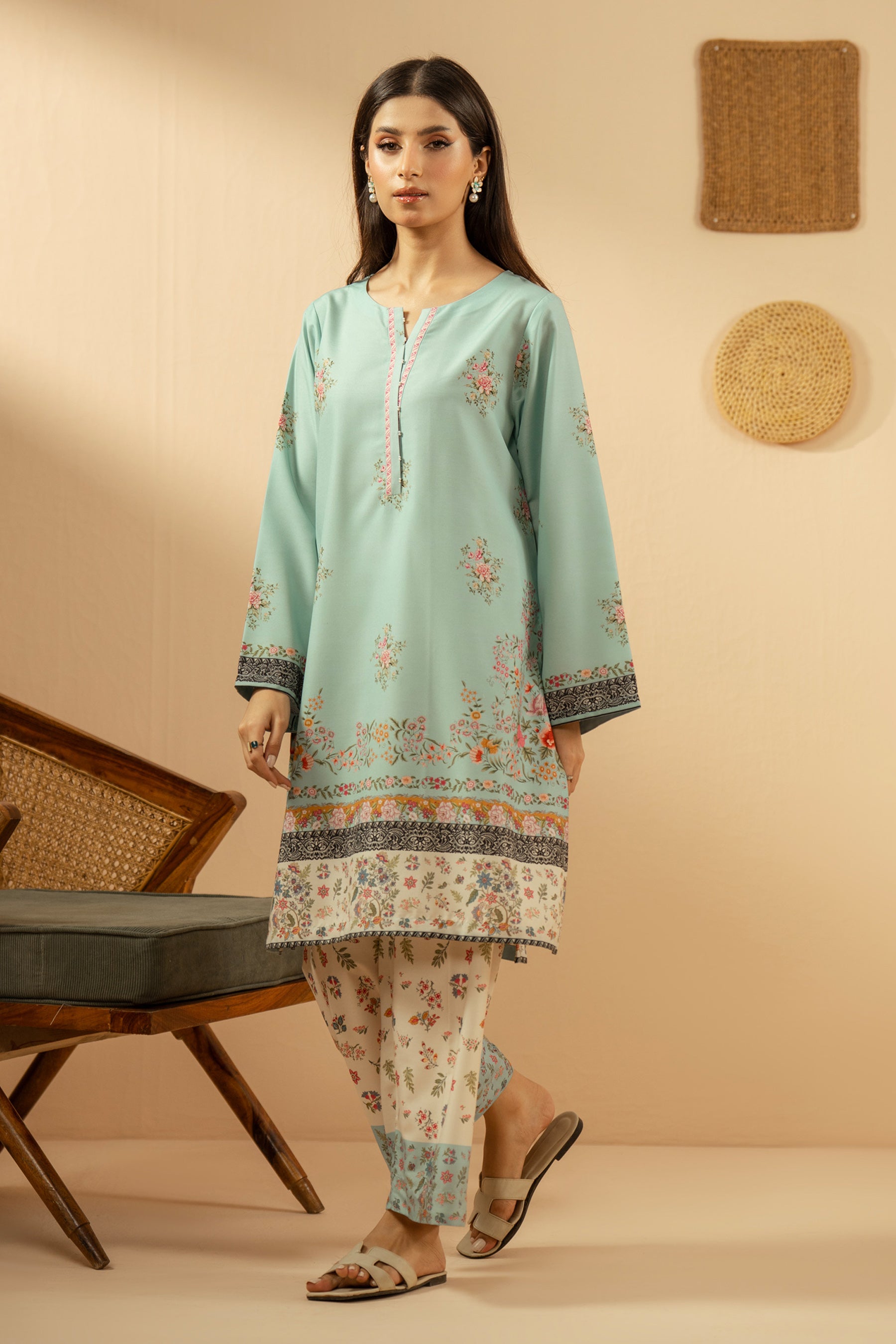 Serene light blue stitched 2-piece poly cambric suit featuring soft, minimalist prints on the shirt and bottoms