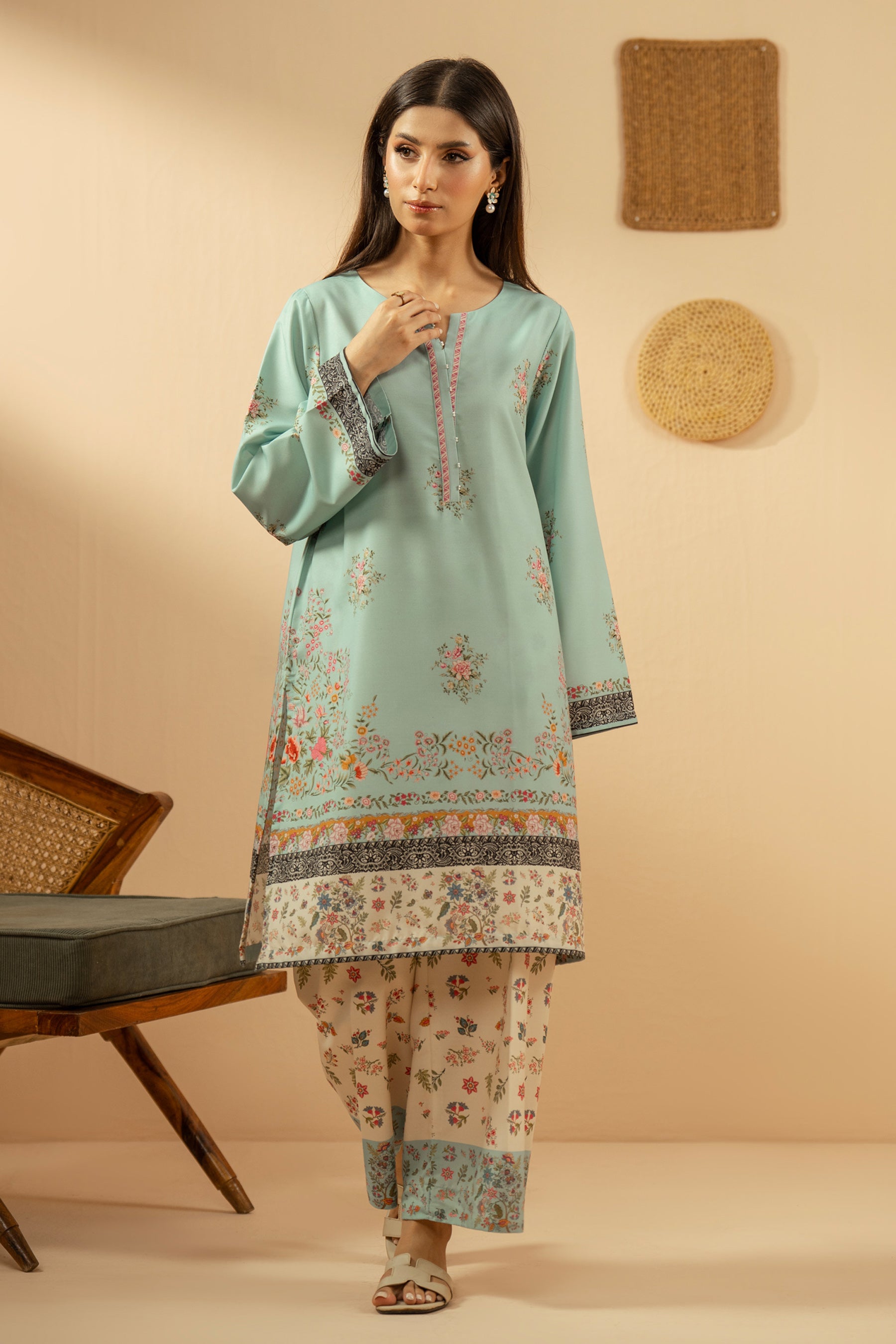 Serene light blue stitched 2-piece poly cambric suit featuring soft, minimalist prints on the shirt and bottoms