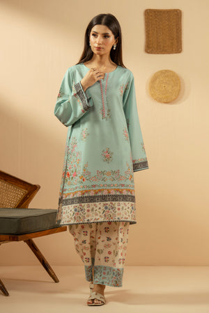 Serene light blue stitched 2-piece poly cambric suit featuring soft, minimalist prints on the shirt and bottoms