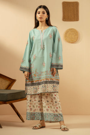 Serene light blue stitched 2-piece poly cambric suit featuring soft, minimalist prints on the shirt and bottoms