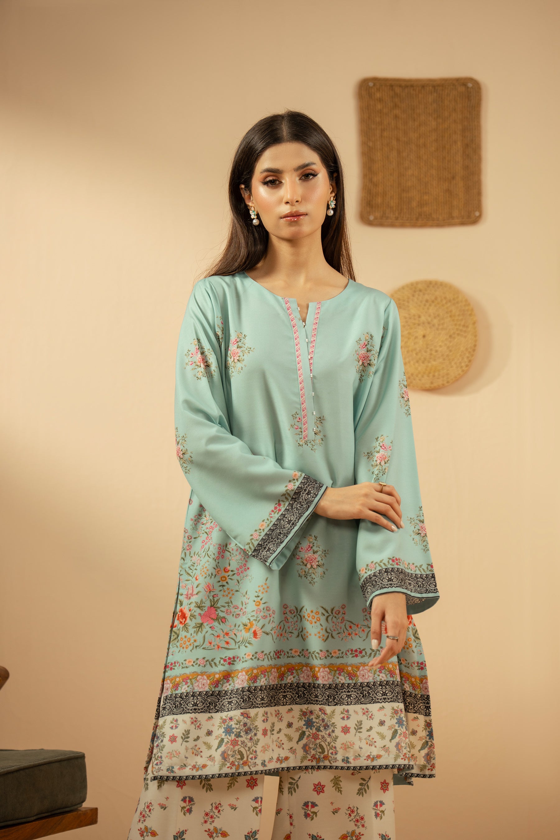 Serene light blue stitched 2-piece poly cambric suit featuring soft, minimalist prints on the shirt and bottoms