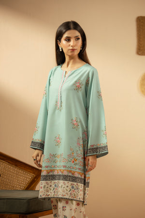Serene light blue stitched 2-piece poly cambric suit featuring soft, minimalist prints on the shirt and bottoms