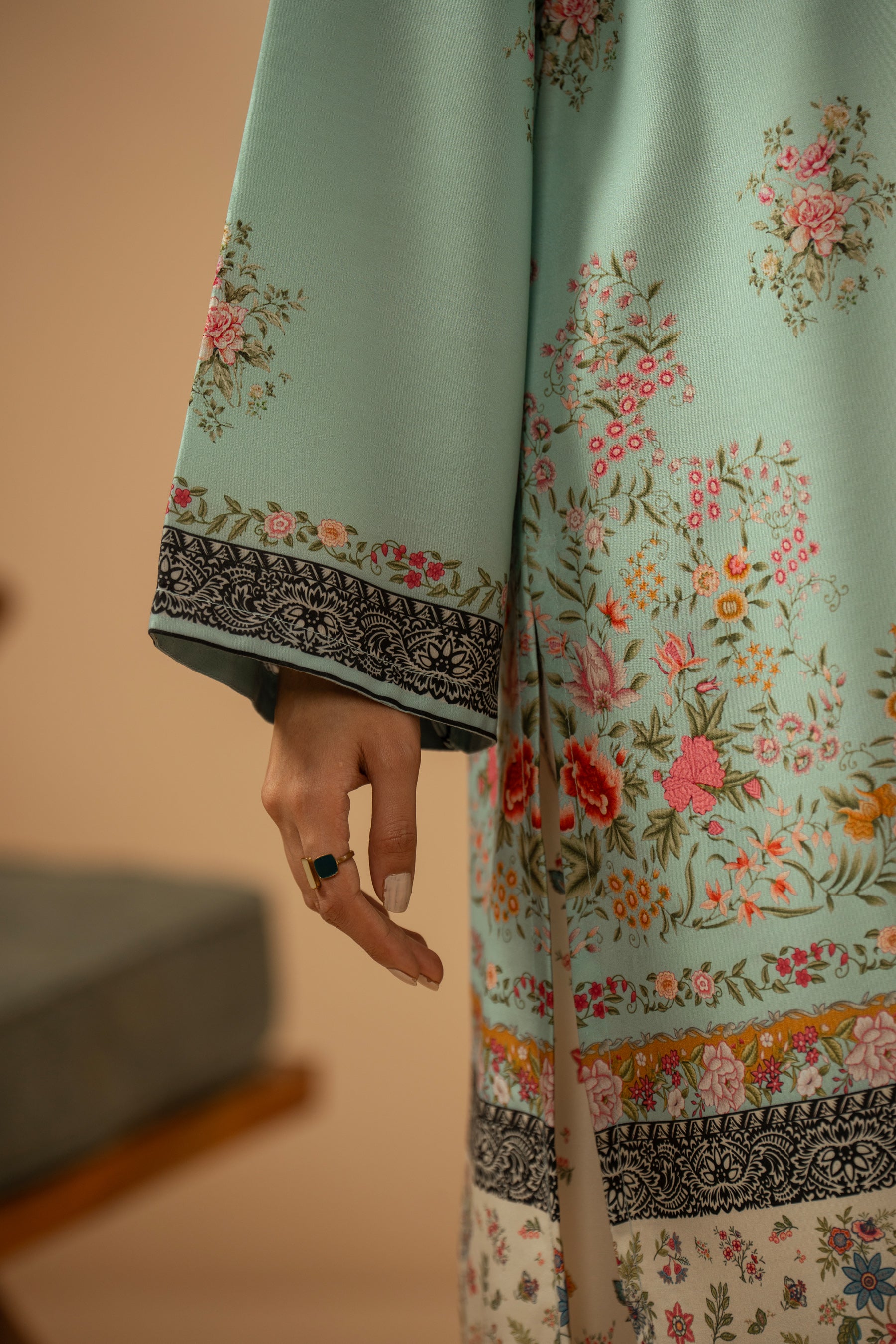 Serene light blue stitched 2-piece poly cambric suit featuring soft, minimalist prints on the shirt and bottoms