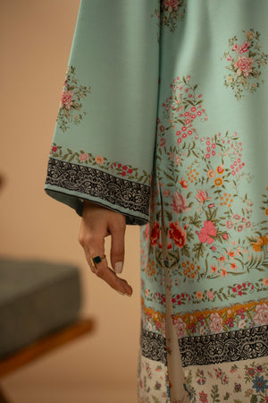 Serene light blue stitched 2-piece poly cambric suit featuring soft, minimalist prints on the shirt and bottoms