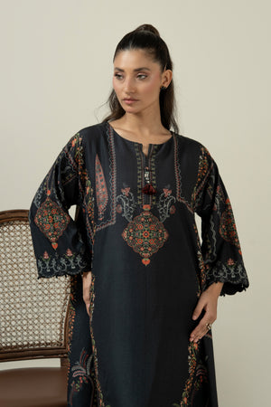 Sleek black stitched 1-piece poly cambric top decorated with contrasting minimalist graphic prints