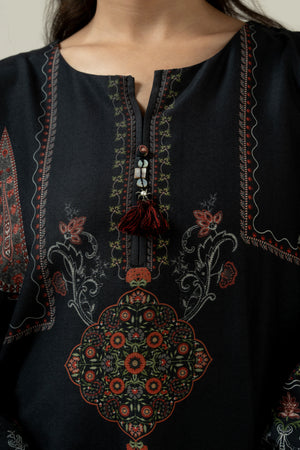 Sleek black stitched 1-piece poly cambric top decorated with contrasting minimalist graphic prints