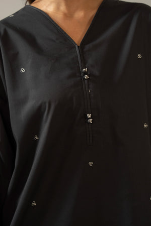 Sophisticated black embroidered cambric 2-piece stitched suit showcasing elegant neckline detailing and matching trousers