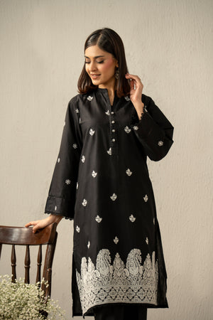 Stitched 2-piece black lawn suit featuring exquisite traditional Chikankari embroidery work on the shirt and trousers