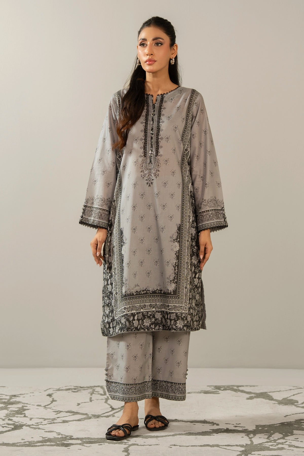 Stitched 2-piece grey printed cambric suit featuring a classic button-down shirt and matching trousers from the Monochrome Collection