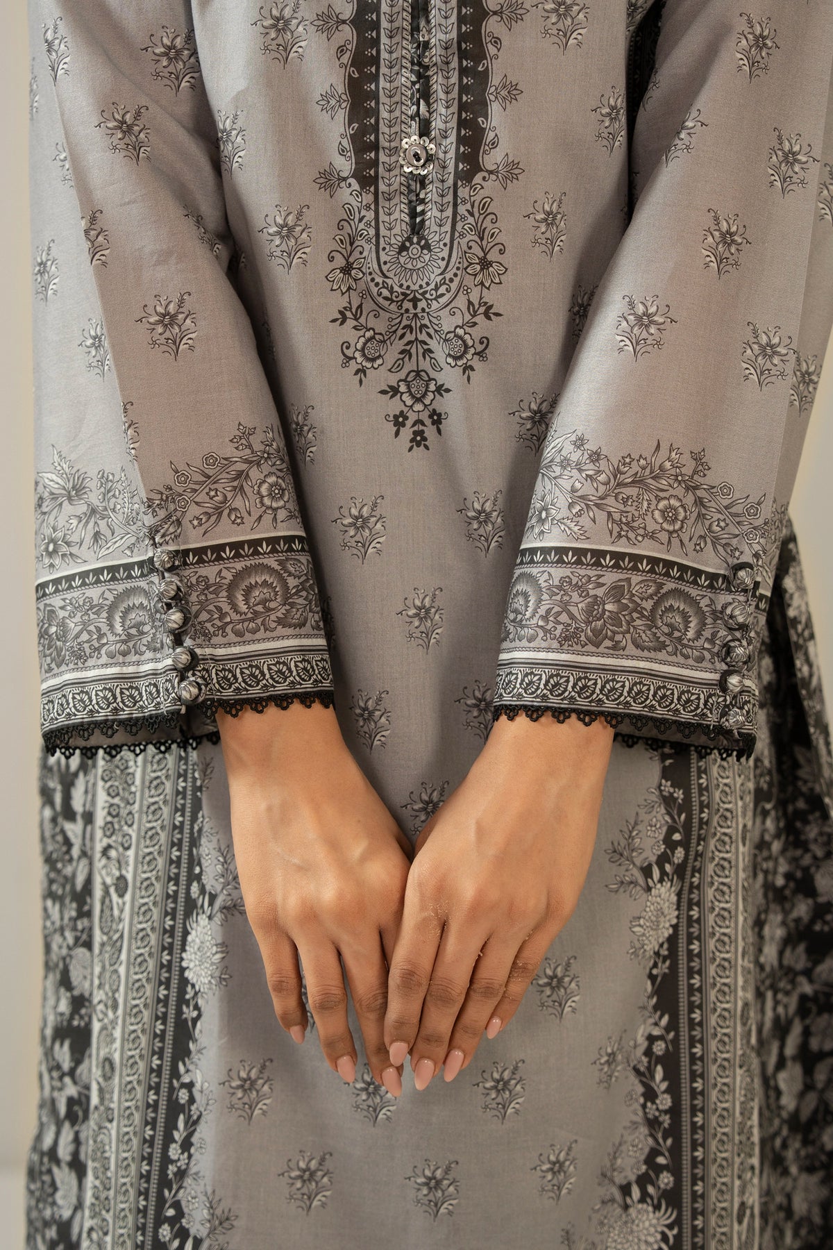 Stitched 2-piece grey printed cambric suit featuring a classic button-down shirt and matching trousers from the Monochrome Collection